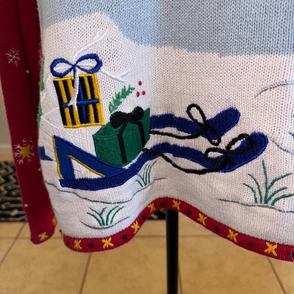 Designers Originals Studio L Red Ugly Christmas Holiday Sweater Skating Penguins - Picture 8 of 14